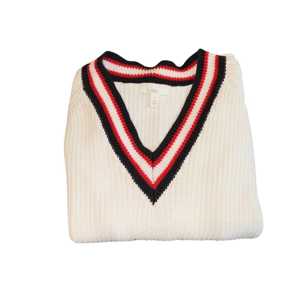 Mens preppy White Red Black Trim V Neck Long Sleeve Knit Casual Pullover M - Picture 3 of 4